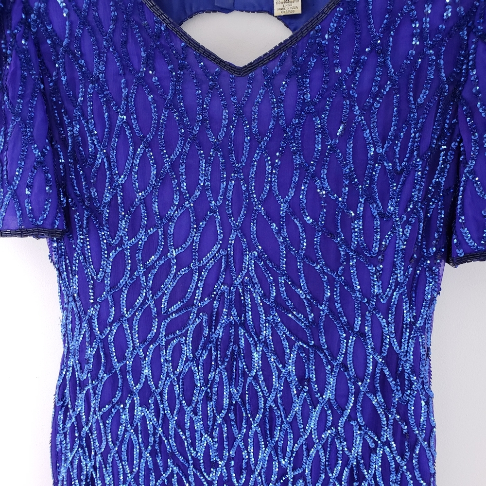 Vintage Blue Sequined Silk Keyhole Shift Dress M - Picture 5 of 6